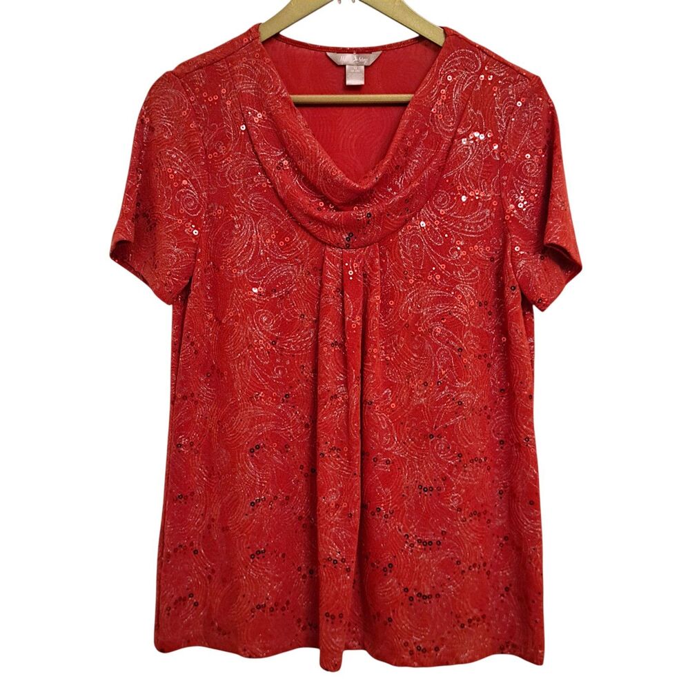 White Stag Women Short Sleeve Red Sparkling Sequeen Knit Top Size M 8-10 Evening
